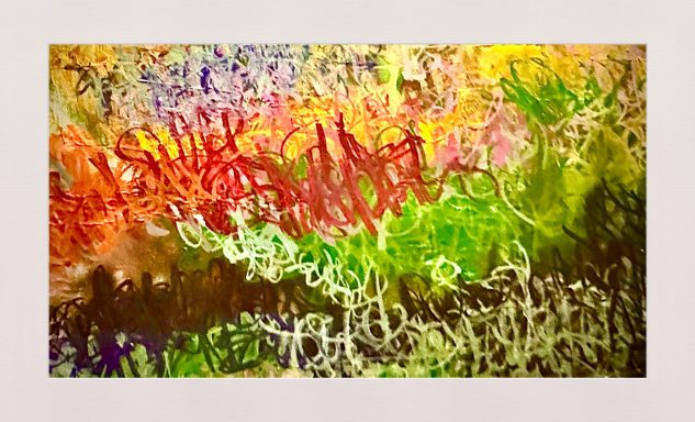 Colorful abstract painting with vibrant swirls and textures in red, green, yellow, and purple.