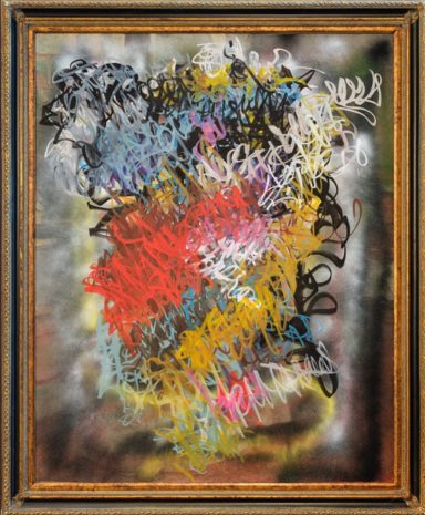 Abstract colorful artwork with overlapping scribbles in a decorative frame.