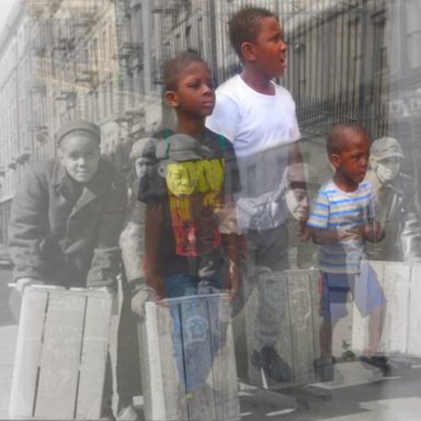 Three boys walking superimposed over historical photos of boys playing with crates and urban scenery.