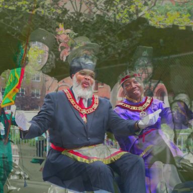 A couple in traditional lodge costumes riding in a car float for a Harlem parade layered over historical images.